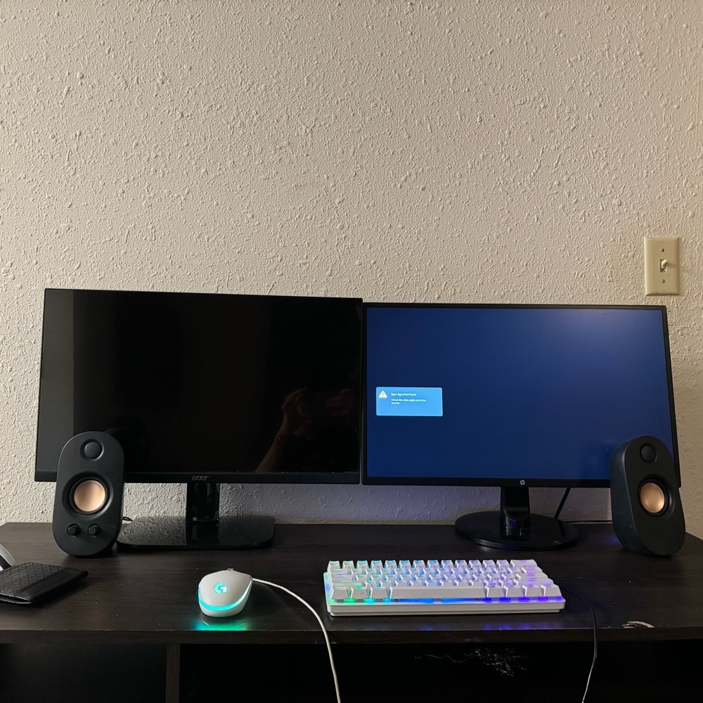 Complete pc setup with desktop two monitors keyboard mouse and speakers